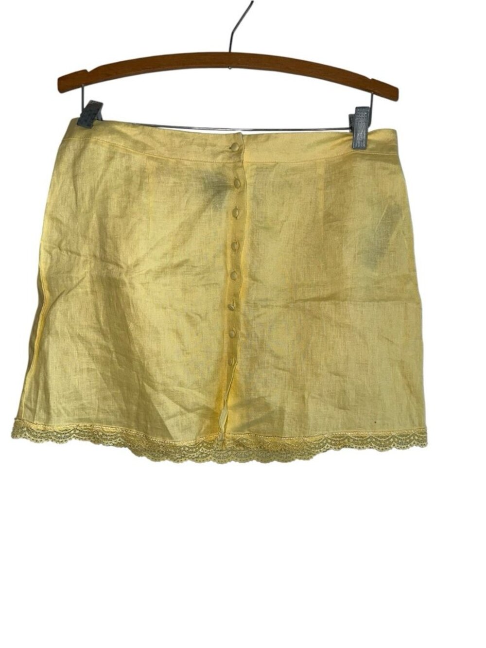 NWT Forever 21 Linen Button Front Mini Skirt Sz L Butter Yellow Lace Trim READ